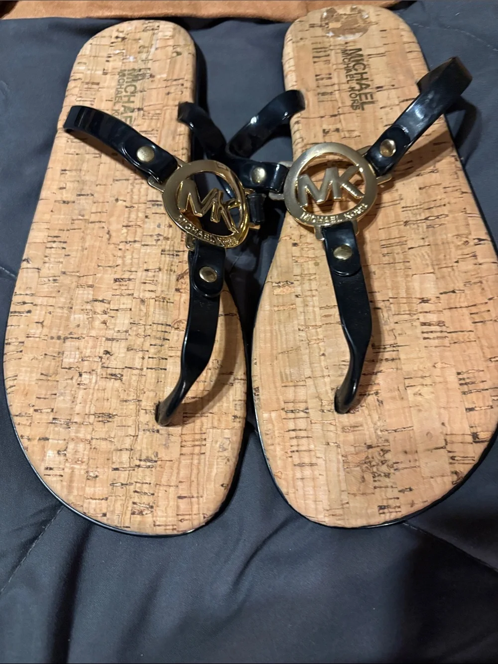 Michael Kors Black Patent Sandal with Gold MK Medallion